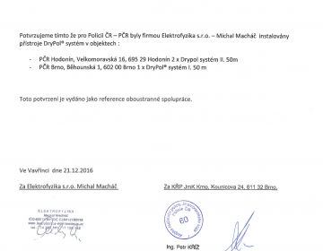 Potvrzení o spolupráci Elektrofyzika s.r.o. PČR